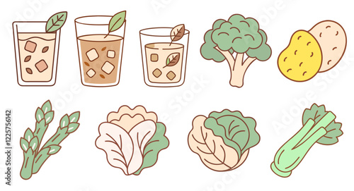 A collection of health food and drinks. Herbs tea, mint tea, lemon balm tea, vegetables. Light brown and simple colors.
