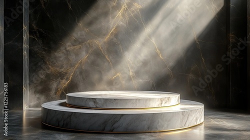 Elegant Marble Display Platform Studio Background Luxurious Golden Accents Modern Two Tiered        