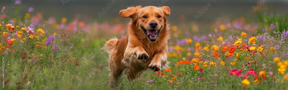 A golden retriever enjoys a playful run through a colorful field of blooming wildflowers. The sun shines brightly, enhancing the joyful atmosphere of the moment A golden retriever enjoys a playful run through a colorful field of blooming wildflowers. The sun shines brightly, enhancing the joyful atmosphere of the moment