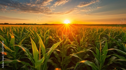 Fototapeta Naklejka Na Ścianę i Meble -  Iowa Corn Fields at Sunset - Beautiful Landscape with Sky, Grass, and Nature