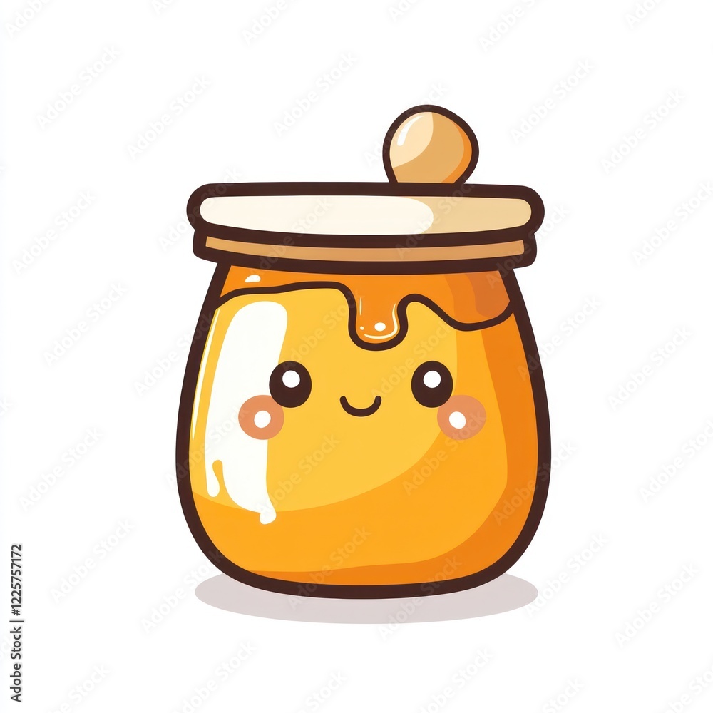 Cute honey jar, smiling, honey dripping, white background, food illustration Cute honey jar, smiling, honey dripping, white background, food illustration