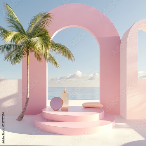 3D render of a pink podium with a palm tree and a sea background