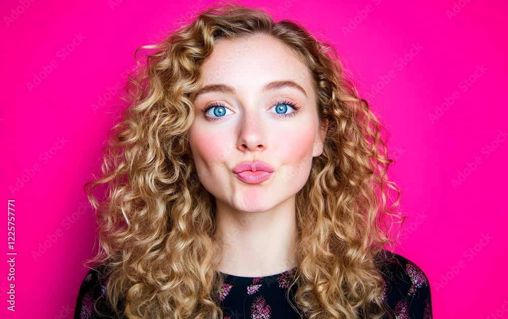 Portrait of a Young Woman with Curly Blonde Hair Making a Kissy Face Against Pink Background Portrait of a Young Woman with Curly Blonde Hair Making a Kissy Face Against Pink Background