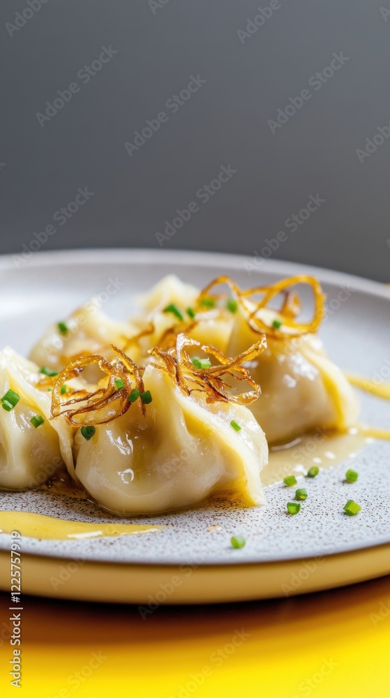 Delicious plate of dumplings with potato and onion filling served elegantly with garnish Delicious plate of dumplings with potato and onion filling served elegantly with garnish