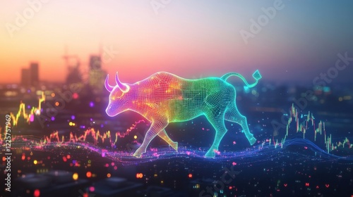 Colorful holographic bull striding across a vibrant cityscape backdrop at sunset, symbolizing a booming stock market and financial growth with glowing charts and graphs photo