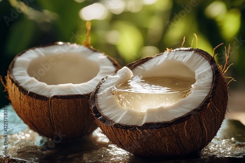 Fresh coconut halves with sweet coconut water and white flesh on a soft green background. Generative AI photo