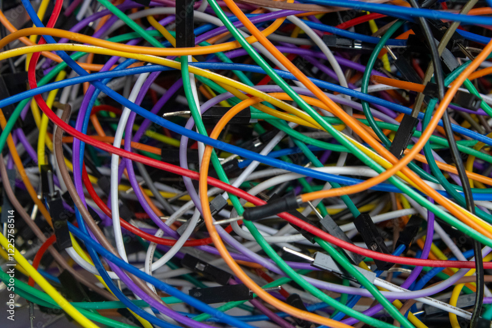 Mixed electrical wires in different colors. Jumper cable. Mixed electrical wires in different colors. Jumper cable.
