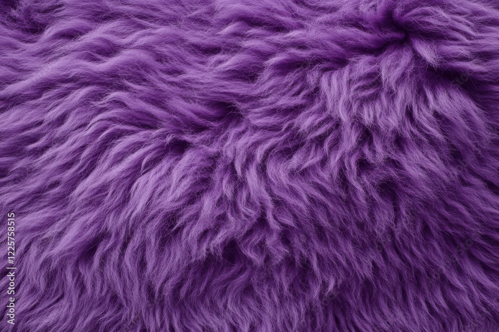Fototapeta premium Top view of plush lilac fur fabric. Textured sheepskin surface. Cozy wool backdrop. Close range of soft sheep fur detail. Elegant shaggy textile pattern for interior design inspiration