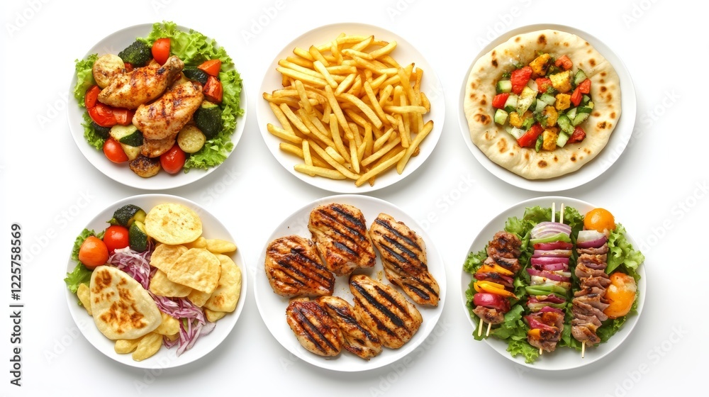 Set of various plates of food top view isolated on white background Grilled chicken with vegetables French fries fish and chips chicken breast kebab with naan meat with salad dishes top view Set of various plates of food top view isolated on white background Grilled chicken with vegetables French fries fish and chips chicken breast kebab with naan meat with salad dishes top view