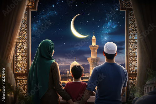 Ramadan Kareem greeting. Family looking at mosque. 

