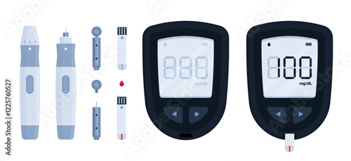 Set of glucose monitoring kit with glucometer, lancing device, lancet, test strip, blood drop. Diabetes management, sugar level, medical device concept. Flat illustration isolated on white background