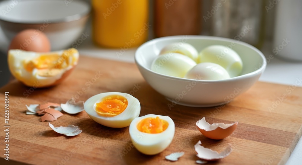 Sliced and whole boiled eggs on wooden cutting board with shell fragments Sliced and whole boiled eggs on wooden cutting board with shell fragments