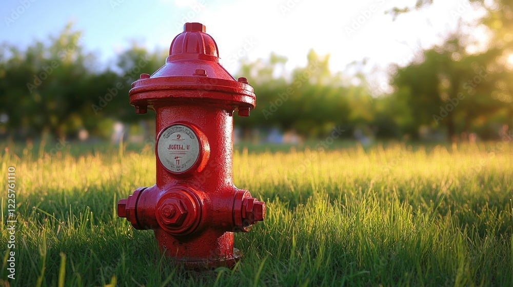 Bright red isolated fire hydrant sits in a freshly cut grass field Bright red isolated fire hydrant sits in a freshly cut grass field