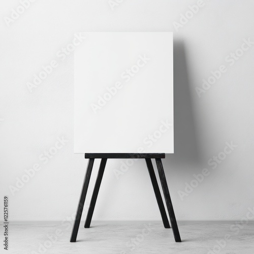 Blank canvas on a black easel against a white wall.