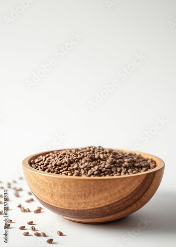 Tasty organic chia seeds ina wooden bowl with white background Super Bowl football game sport ball american superbowl photo