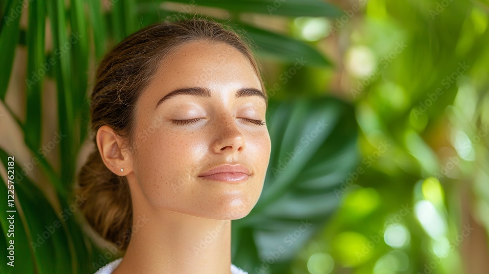 Serene young woman with light brown hair and freckles, eyes closed, enjoying a relaxing facial treatment. She is surrounded by lush green tropical foliage. Soft lighting illuminates her face. Serene young woman with light brown hair and freckles, eyes closed, enjoying a relaxing facial treatment. She is surrounded by lush green tropical foliage. Soft lighting illuminates her face.