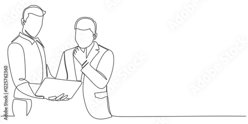Two man  working together with laptop line art style vector illustration