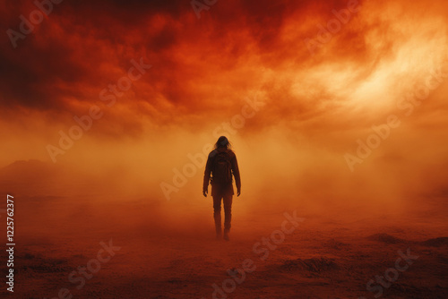 A solitary figure strides through a barren wasteland, enveloped in swirling dust, while a dramatic red sky looms overhead, creating an eerie and haunting atmosphere. With copy space for text photo