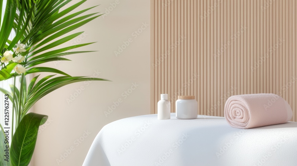 Fototapeta premium White fluffy towel and skincare products on a white massage table near a tropical plant. The light beige background features a wooden wall, creating a spa setting that evokes wellness and beauty.