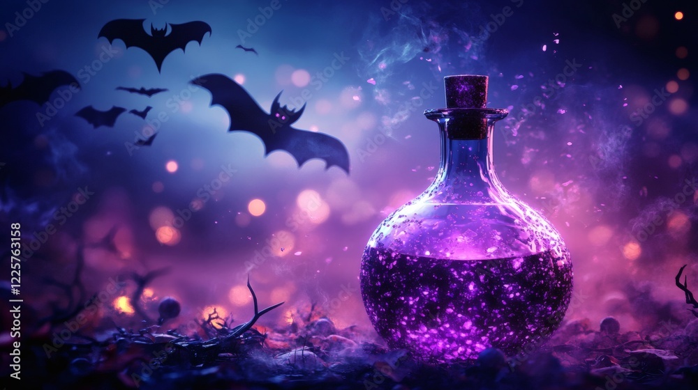 Mysterious potion in a glowing bottle surrounded by bats in a dark atmosphere at night Mysterious potion in a glowing bottle surrounded by bats in a dark atmosphere at night