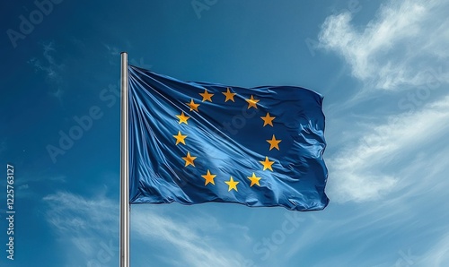 European Union flag proudly flying high against a backdrop of a bright blue sky with fluffy clouds photo