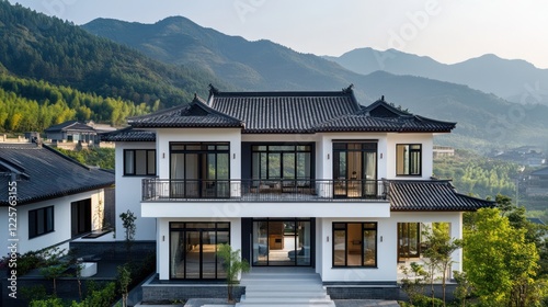 Mountainside modern Asian home exterior; sunrise view; luxury real estate photo