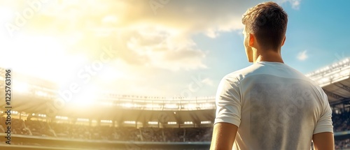 AI Generated Image: Soccer Player at Stadium, Back View, Sunlit
