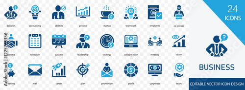 Business solid icon set. containing objective, team, saving,  decision, promotion, abilities and more vector design