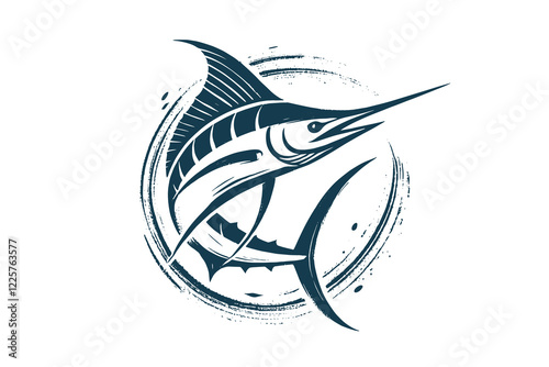 Minimalistic marlin fish design with bold black brushstrokes on white