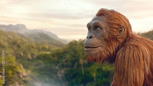 Giant creature gazes toward distant mountains in a serene landscape during twilight hours with a hint of chaos in the atmosphere