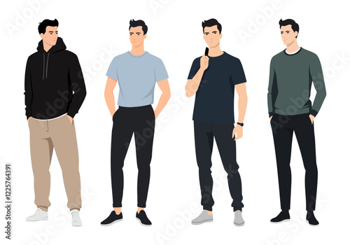 Four male characters in casual clothing, displaying a casual fashion style.