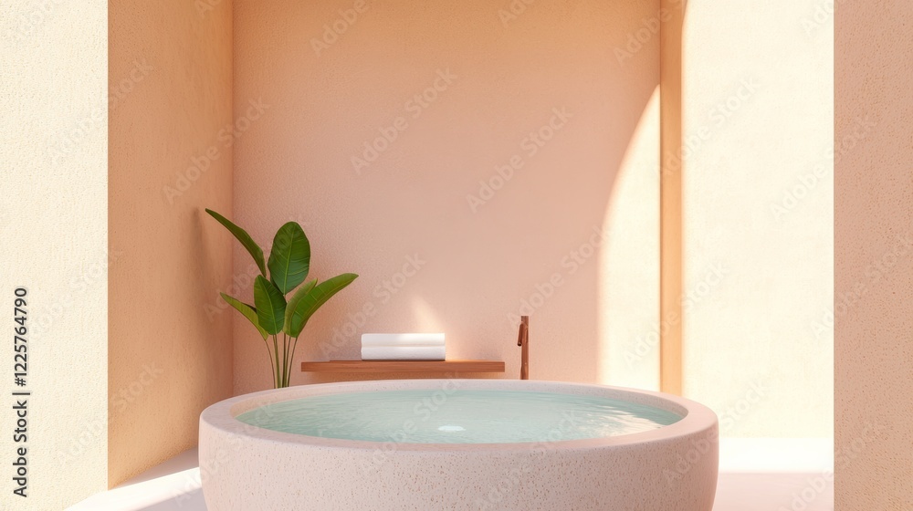 Fototapeta premium A tranquil minimalist bathroom with a round terrazzo tub filled with light blue water, a wooden bench with towels, and a small plant against a peach colored wall. Soft sunlight illuminates the scene.
