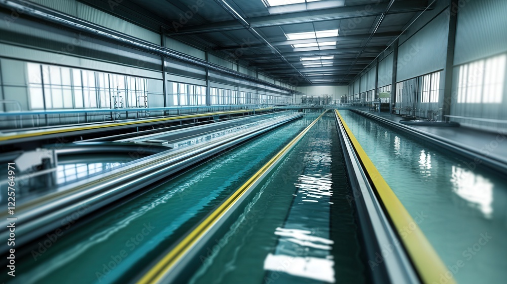 Industrial water channel with reflective surface and modern architecture in a spacious facility Industrial water channel with reflective surface and modern architecture in a spacious facility
