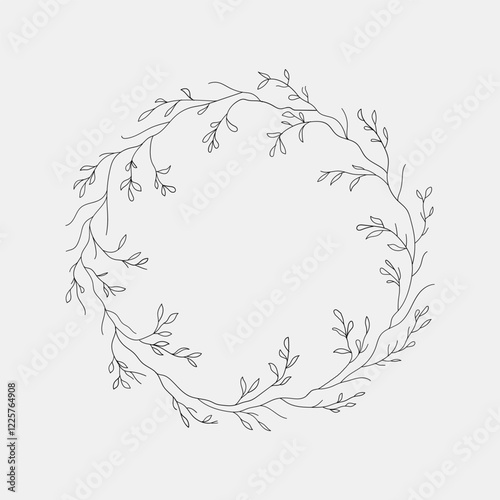 Circular botanical wreath with leafy details, minimalist black and white design.