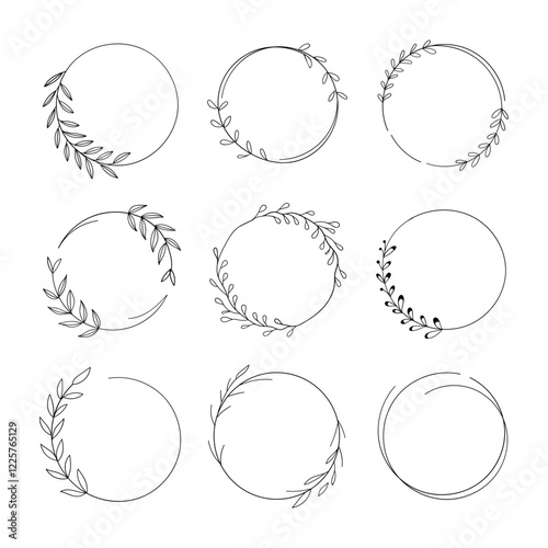 Set of nine small decorative wreaths with foliage branches in a minimalist black and white style.