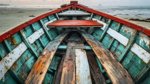 Close up Wide landscape of traditional sampan boat at Coxs Bazar sea beach Traditional fishing boat of fishermen