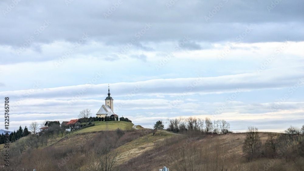 Chape of St. Anthony of Padua on green hill near Zabok city, Croatia, Hrvatsko zagorje, nature background, Sv Antun padovanski