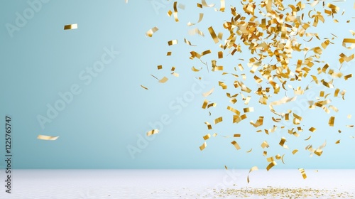 Golden confetti falling on light blue background. Celebration, party, festive, event, design, background, holiday, joy © BROPRADANA