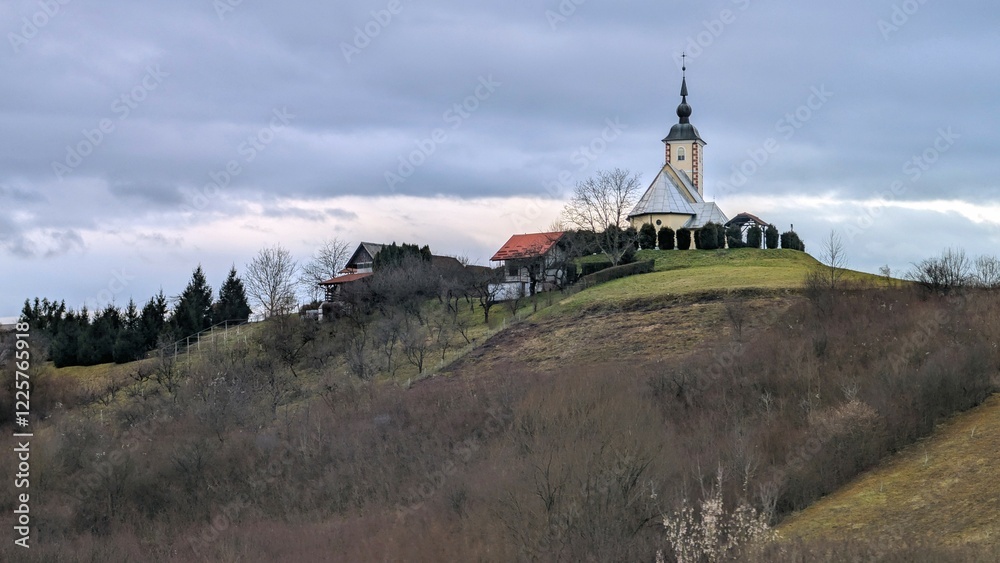 Chapel of St. Anthony of Padua on green hill near Zabok city, Croatia, Hrvatsko zagorje, nature background, Sv Antun padovanski
