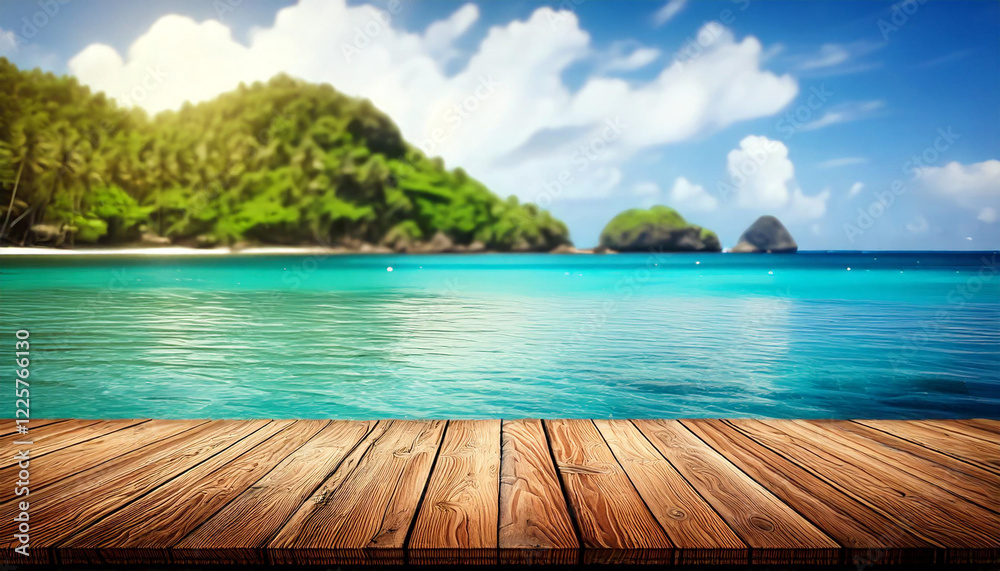 Fototapeta premium Empty floating wooden table surrounded by calm, crystal-clear water with a blurred tropical backdrop, ideal for showcasing luxury or nature-inspired products.