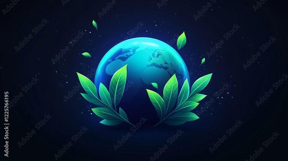 Fototapeta premium Green World Planet with Leaf Plant Flat Vector Illustration for Eco-Friendly Environment Concept