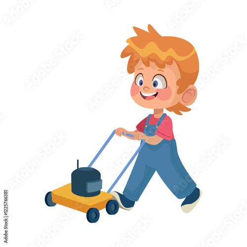 Blond Boy Pushing Toy Lawnmower