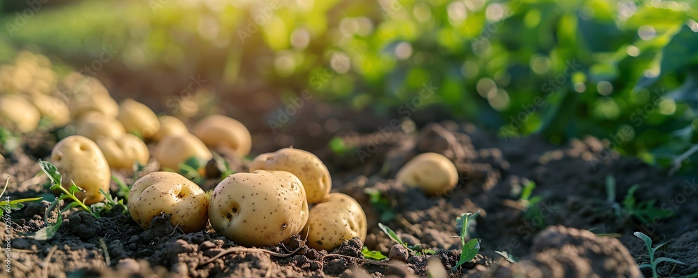 Fresh organic potatoes are growing in a fertile field, bathed in the warm glow of the sun Fresh organic potatoes are growing in a fertile field, bathed in the warm glow of the sun