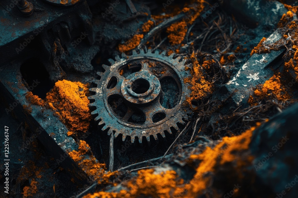 Rusty gear wheel in dark setting covered with orange lichen, showing signs of age and decay. Rusty gear wheel in dark setting covered with orange lichen, showing signs of age and decay.