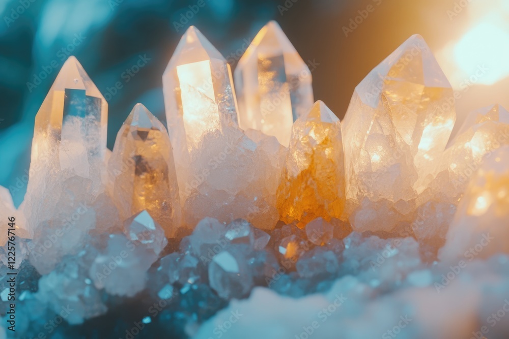 Illuminated quartz crystals cluster, glowing with inner light, a mesmerizing natural formation. Illuminated quartz crystals cluster, glowing with inner light, a mesmerizing natural formation.