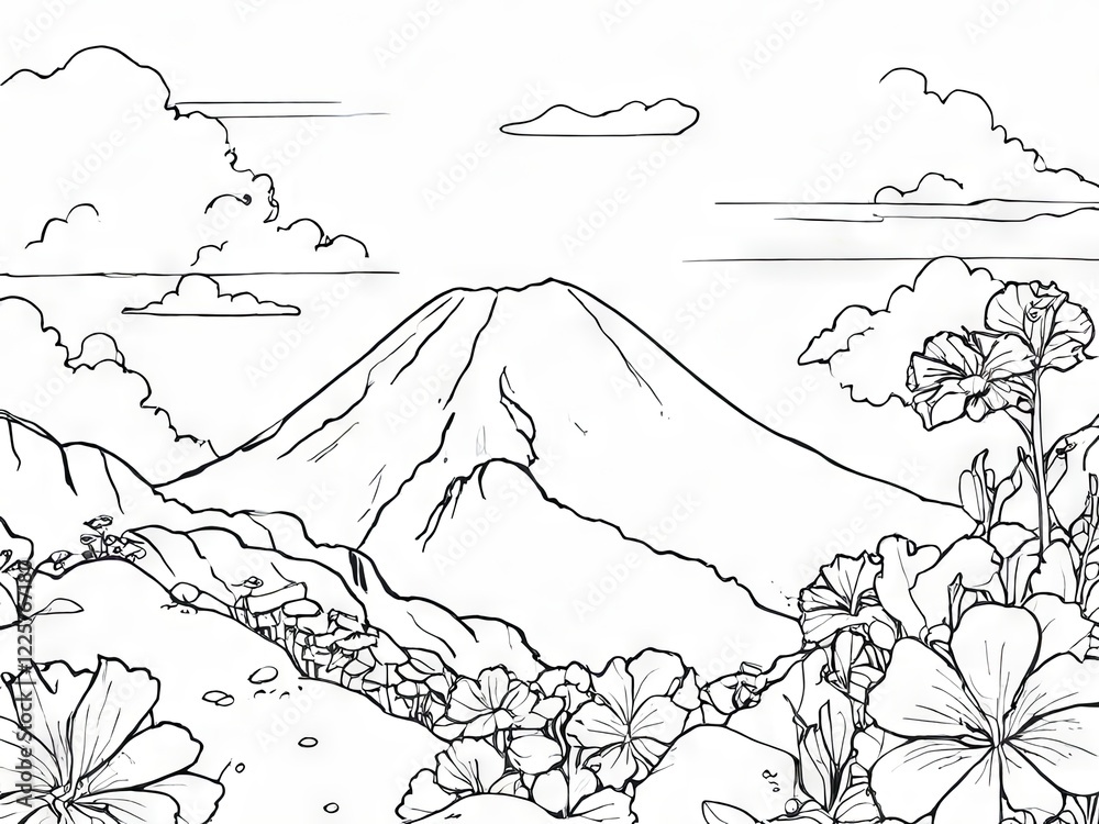 Fototapeta premium A beautiful mountain stands majestically in the background, surrounded by vibrant flowers. Soft clouds drift above under a clear sky, creating a peaceful atmosphere