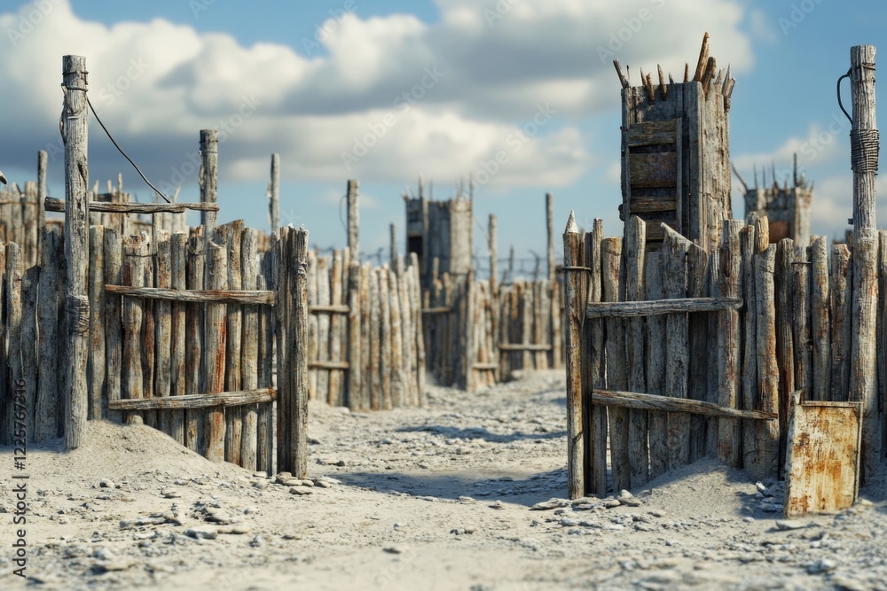 Survivors are shielded by crude barricades in a harsh post-apocalyptic environment. The settlement features rough wooden structures surrounded by dust and debris under a dramatic sky Survivors are shielded by crude barricades in a harsh post-apocalyptic environment. The settlement features rough wooden structures surrounded by dust and debris under a dramatic sky