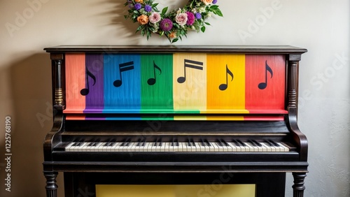 old piano decorated with vibrant lgbt inspired sheet music for creative visual concepts photo