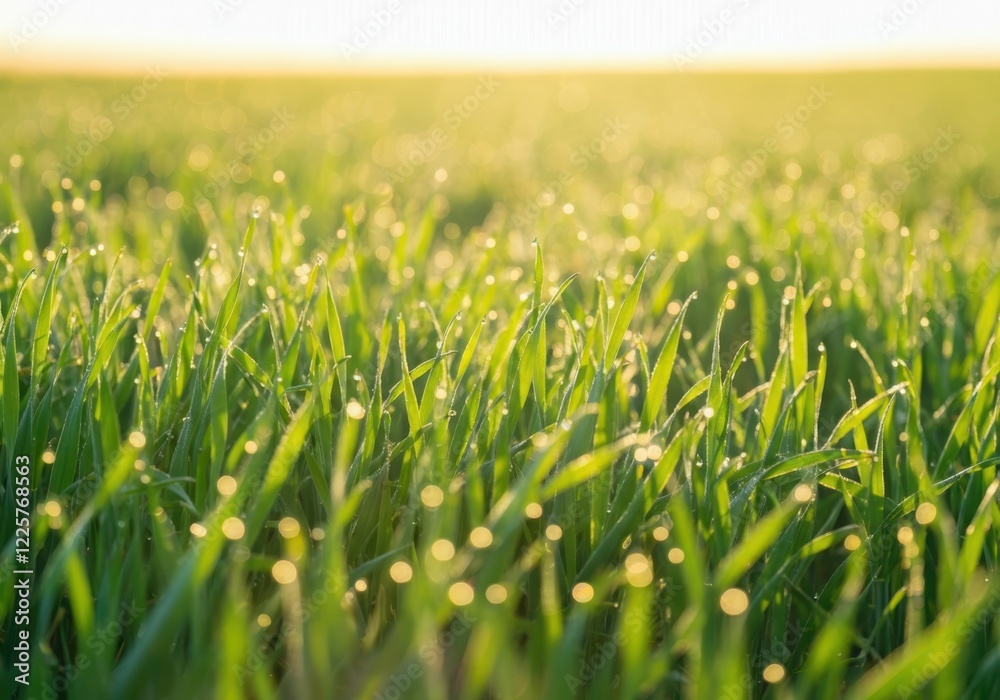 Sunlit morning dew on vibrant green grass in a serene field Sunlit morning dew on vibrant green grass in a serene field