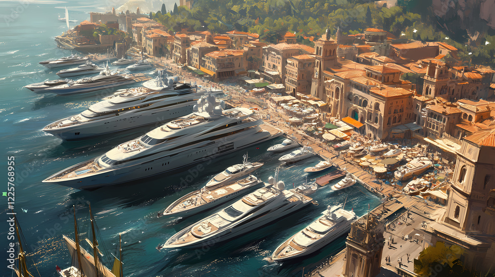 Aerial view of luxury yachts docked in a coastal town. Dream Haven. Illustration Aerial view of luxury yachts docked in a coastal town. Dream Haven. Illustration